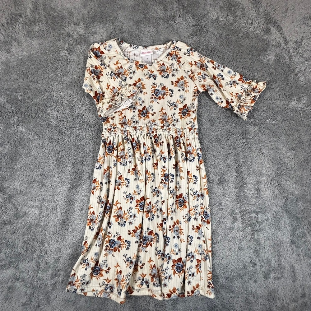 Little Lass Girls Floral Ribbed Knit Dress Cream Blue Rust Size 10 WJRD375X